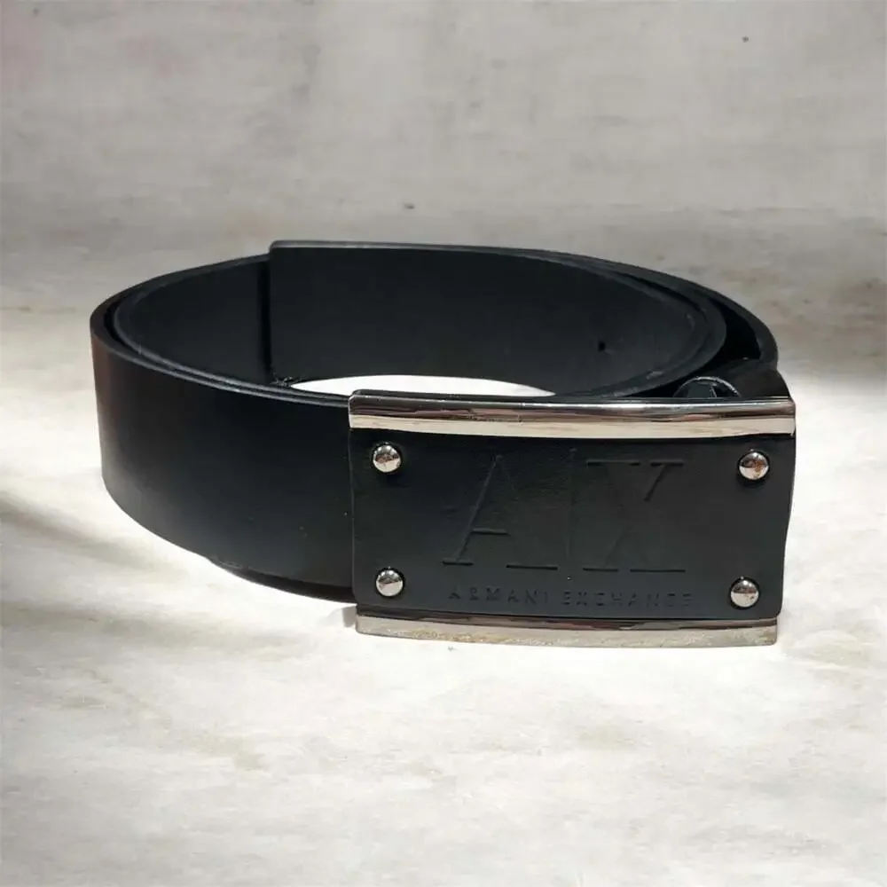 Armani Exchange Men's Black Genuine Cow Leather Belt with A|X Logo Plate Buckle
